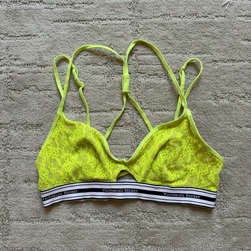 ✨ Victoria's Secret Lace Bralet Neon Yellow Sexy Strappy Back Bra - Picture 2 of 6